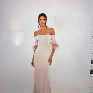 Mac Duggal Blush Pink Off-Shoulder Feather Cuff Mother of Bride/Groom Gown